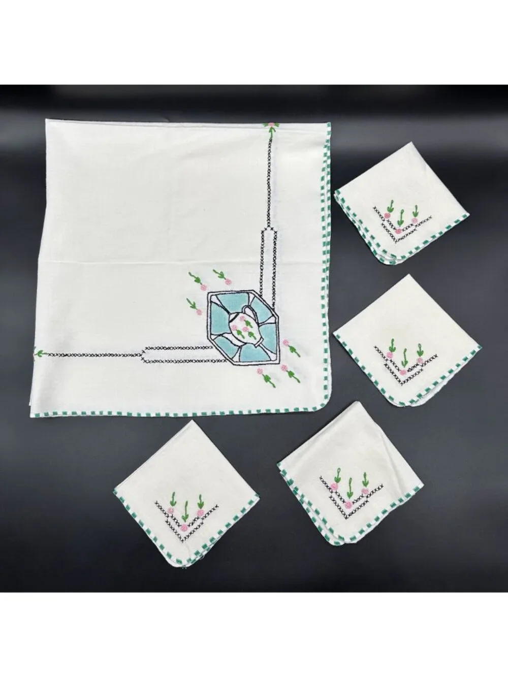 Vintage Tablecloth Napkins Set Handmade Embroidery Pink Flowers Art Deco Style